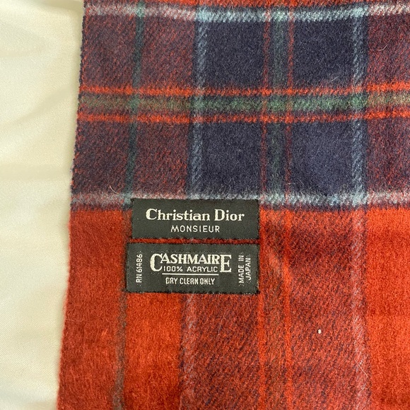 CHRISTIAN DIOR Christmas Red and Blue Cashmere Plaid Scarf - Picture 2 of 2